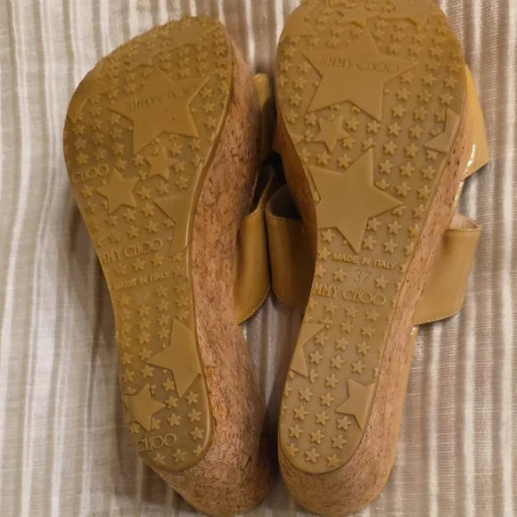 Jimmy Choo Beige Patent Cork Wedges EUC